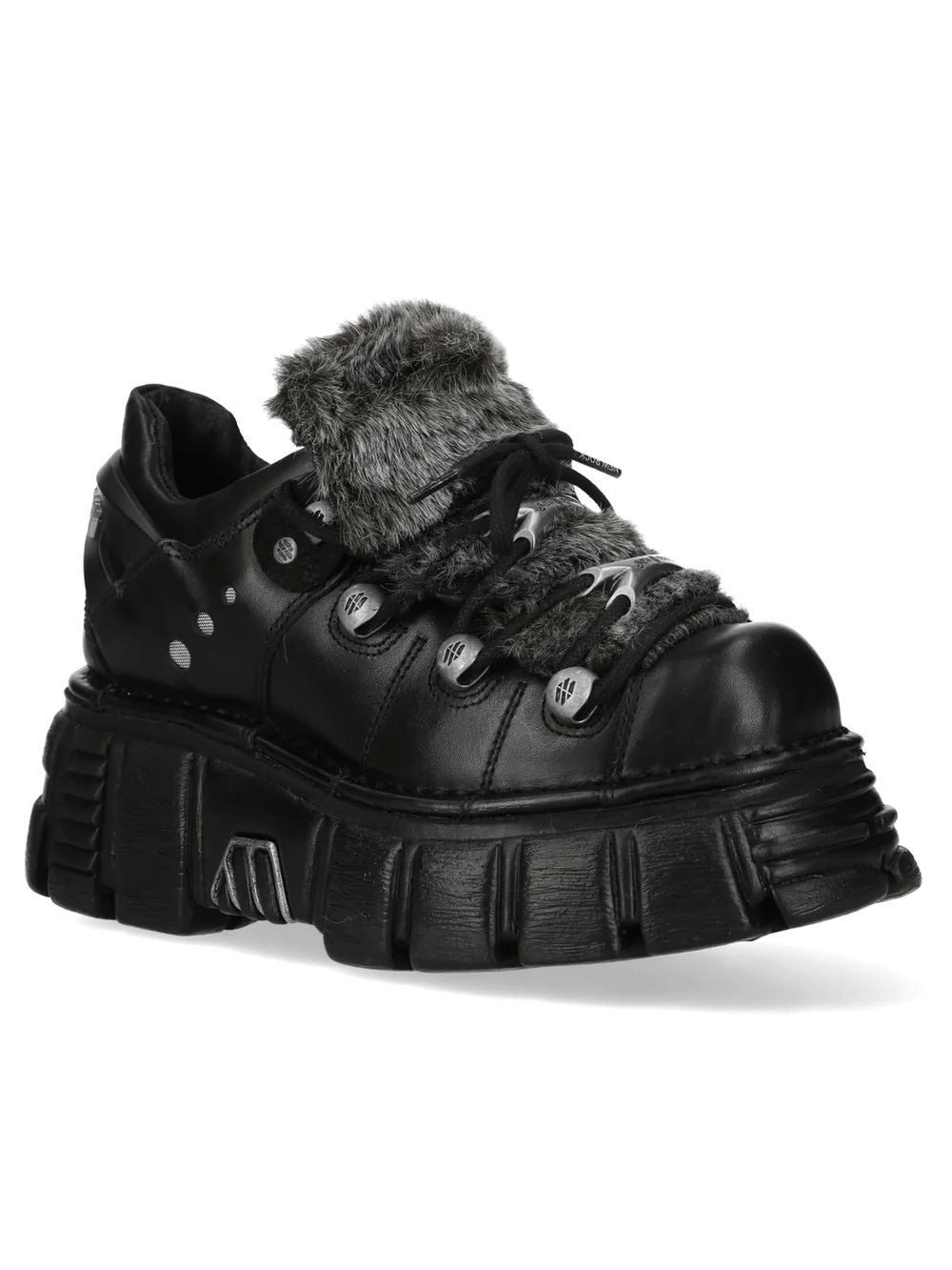 NEW ROCK Women's Platform Shoes with Industrial Sole Design in all-black with shaggy trim and chunky soles.