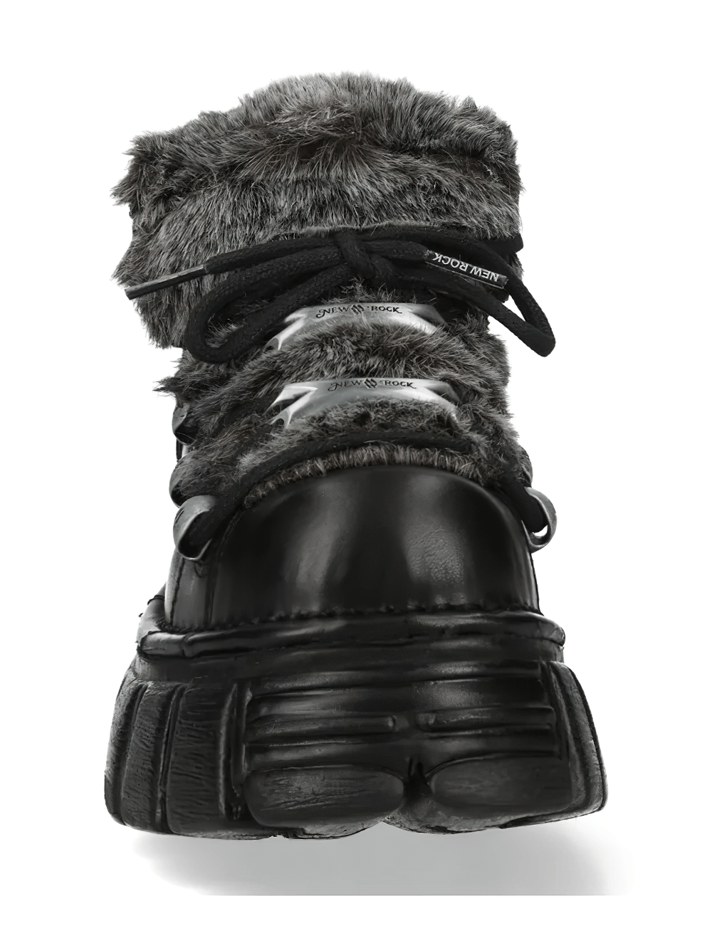 NEW ROCK Women's Platform Shoes with Industrial Sole Design featuring shaggy gray trim and chunky black sole.