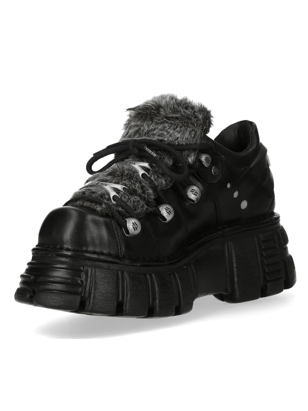 NEW ROCK Women's Platform Shoes with Industrial Sole Design featuring lace-up front and shaggy trim.