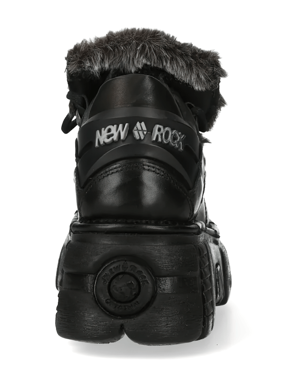 NEW ROCK Women's Platform Shoes with Industrial Sole Design, showcasing black chunky design and shaggy trim.
