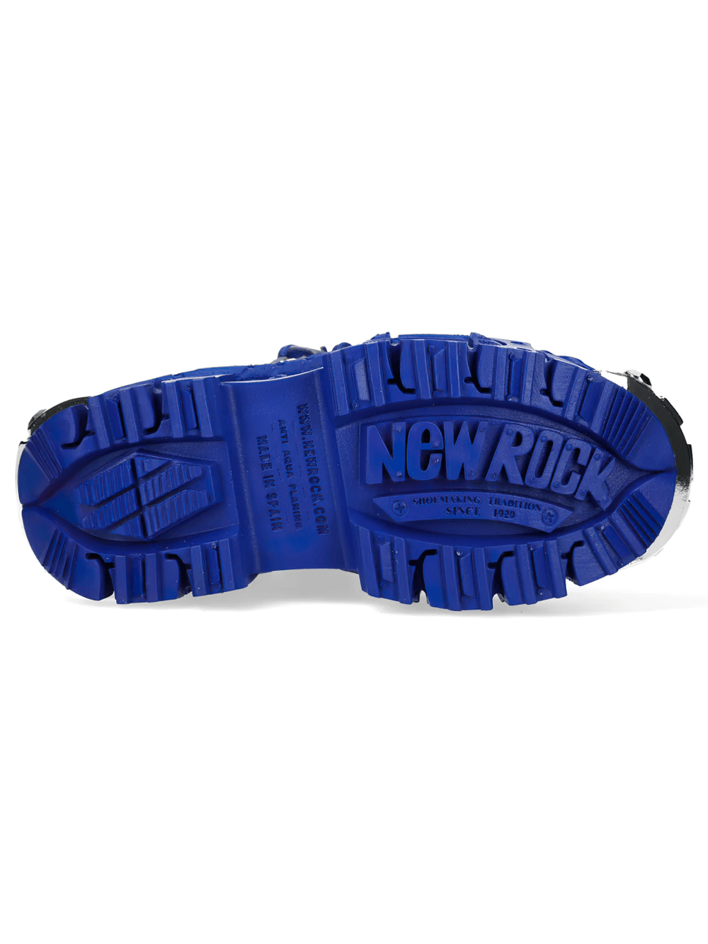 Alt Tag: NEW ROCK Women's Platform Shoes with Metallic Hardware Trim blue tread sole bottom view, chunky lug outsole punk streetwear