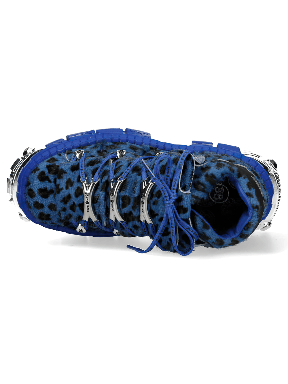 Alt Tag: NEW ROCK Women's Platform Shoes with Metallic Hardware Trim blue leopard chunky lace-up platform shoes with metal accents top view