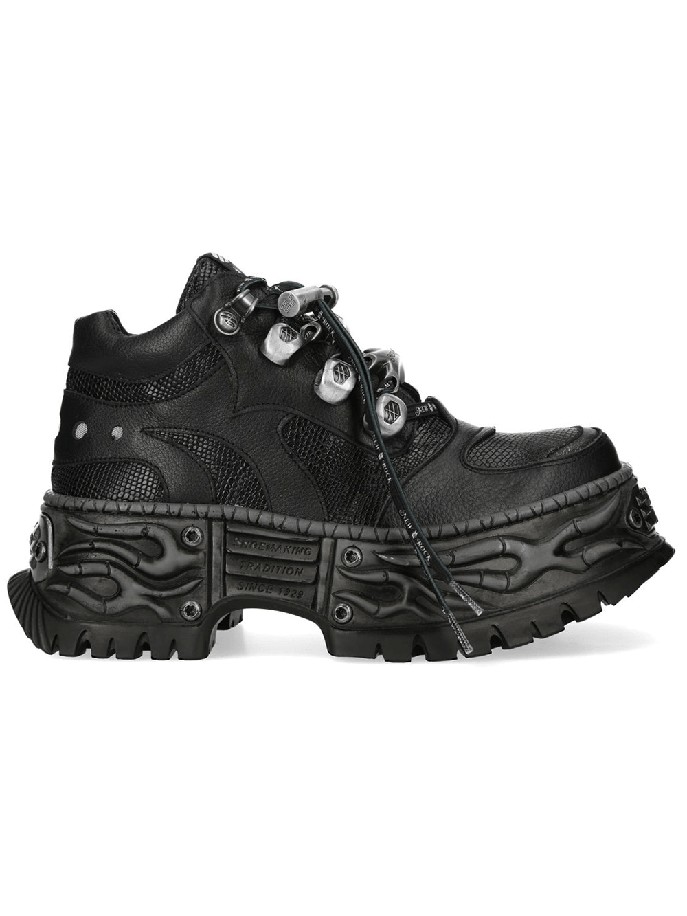 NEW ROCK Women's Platform Sneakers With Lace-Up featuring a black heavy rock design and flame sole.