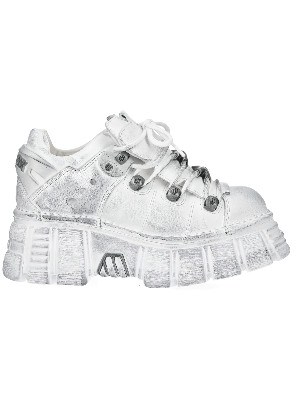 NEW ROCK Women's Punk Leather Shoes with Hardware Soles in white with chunky soles and metal trims.