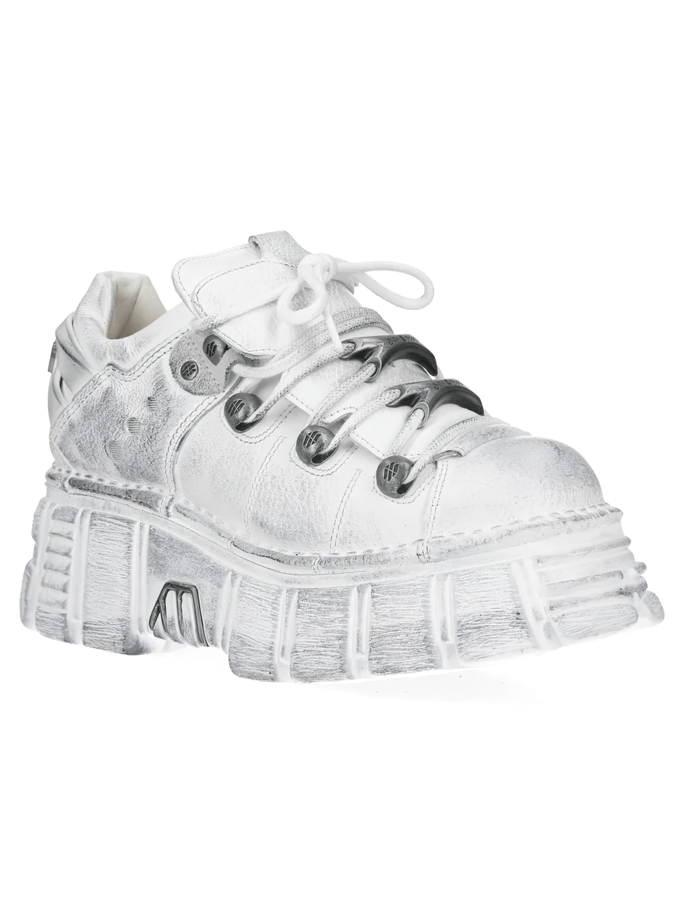 NEW ROCK Women's Punk Leather Shoes with Hardware Soles in white with chunky sole and silver metal accents.