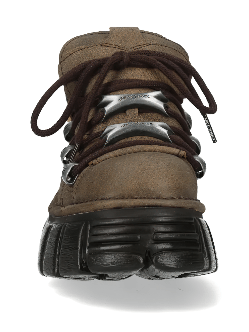NEW ROCK Women's Punk Platform Boots With Silver Plates featuring brown laces and chunky sculpted sole.