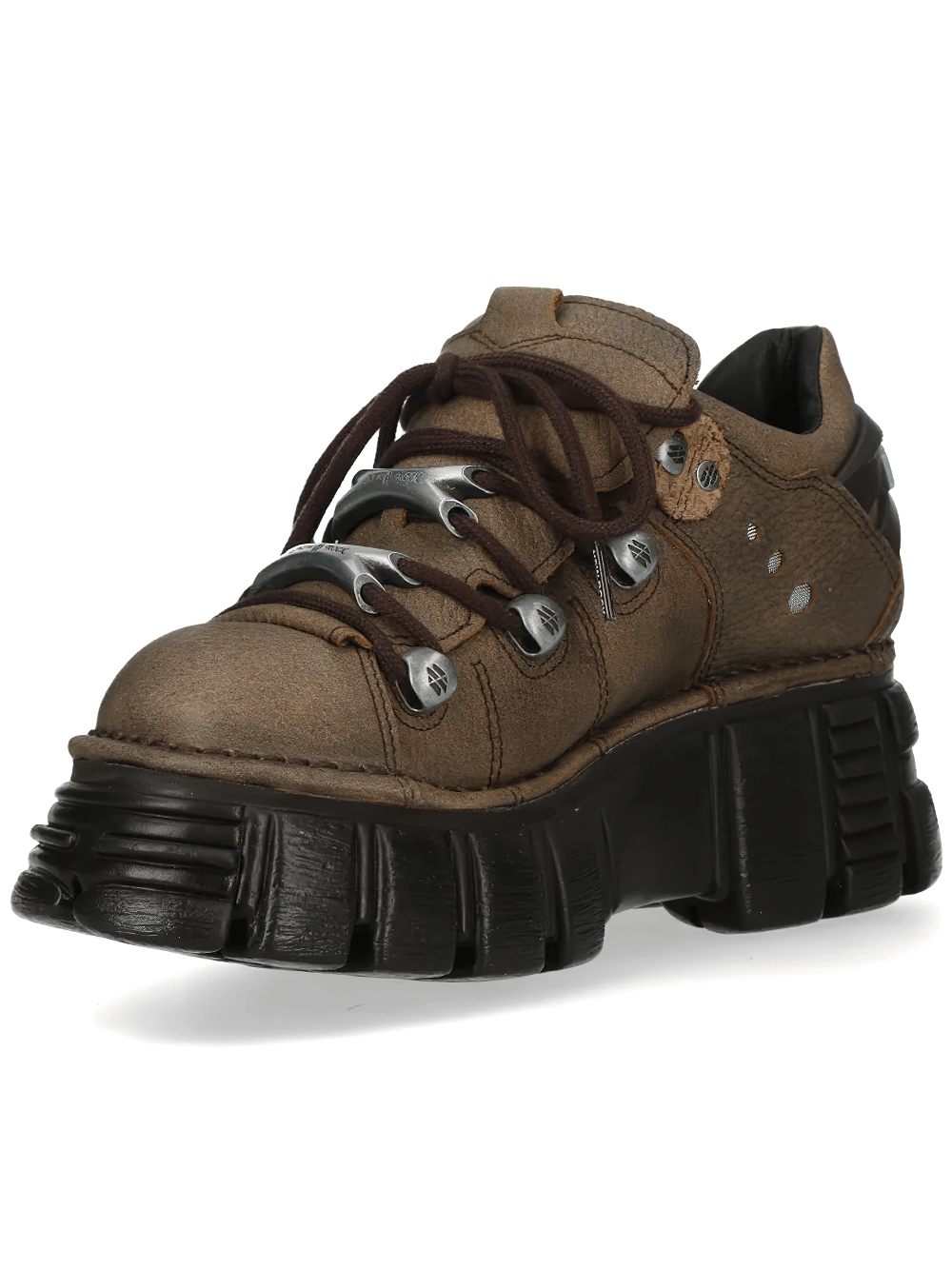 NEW ROCK Women's Punk Platform Boots With Silver Plates showcasing a stylish brown boot with chunky sole and metal accents.