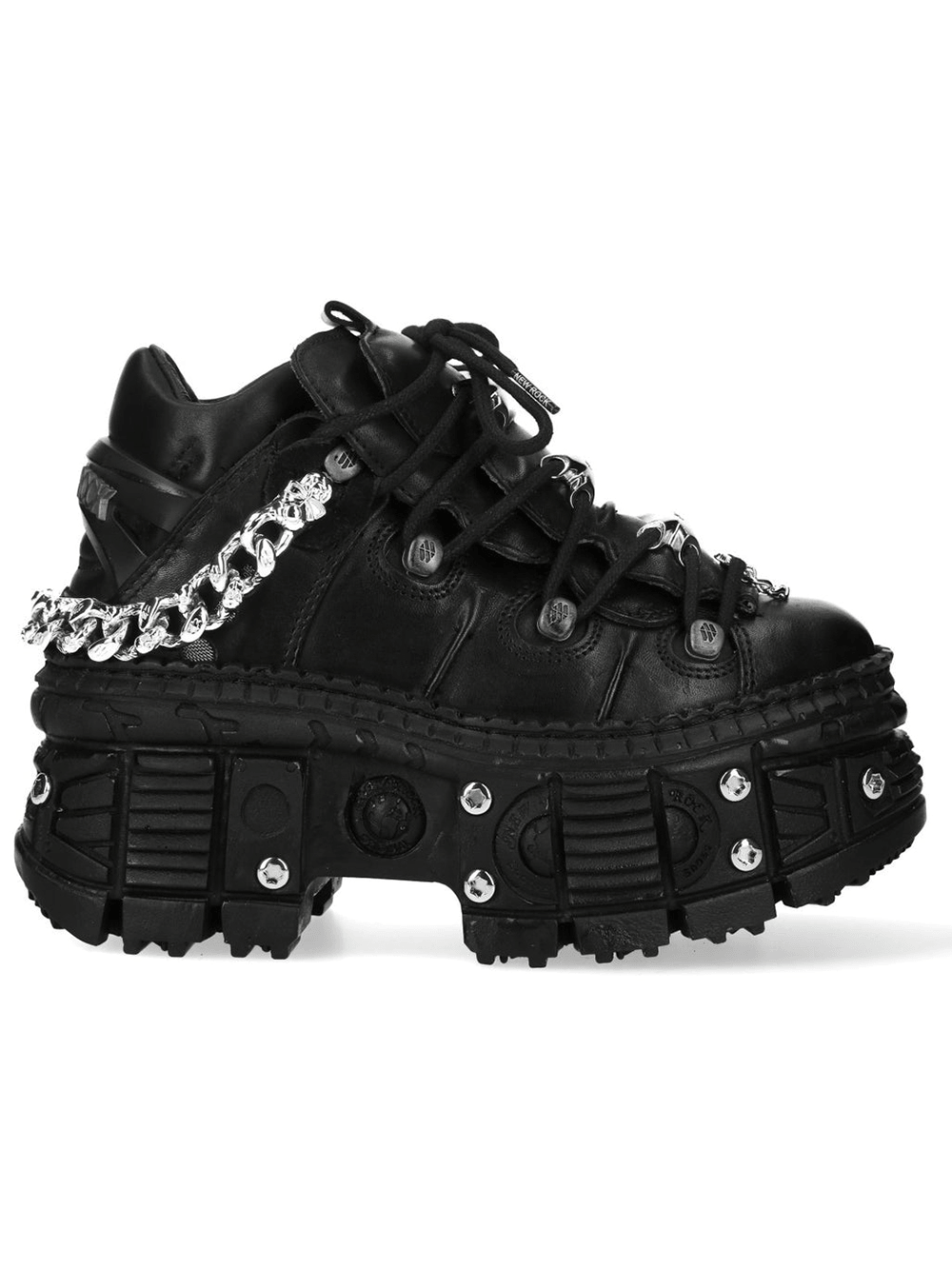 NEW ROCK Women's Punk Shoes with Chains and Bat Wing Details featuring chunky design and metallic accents.