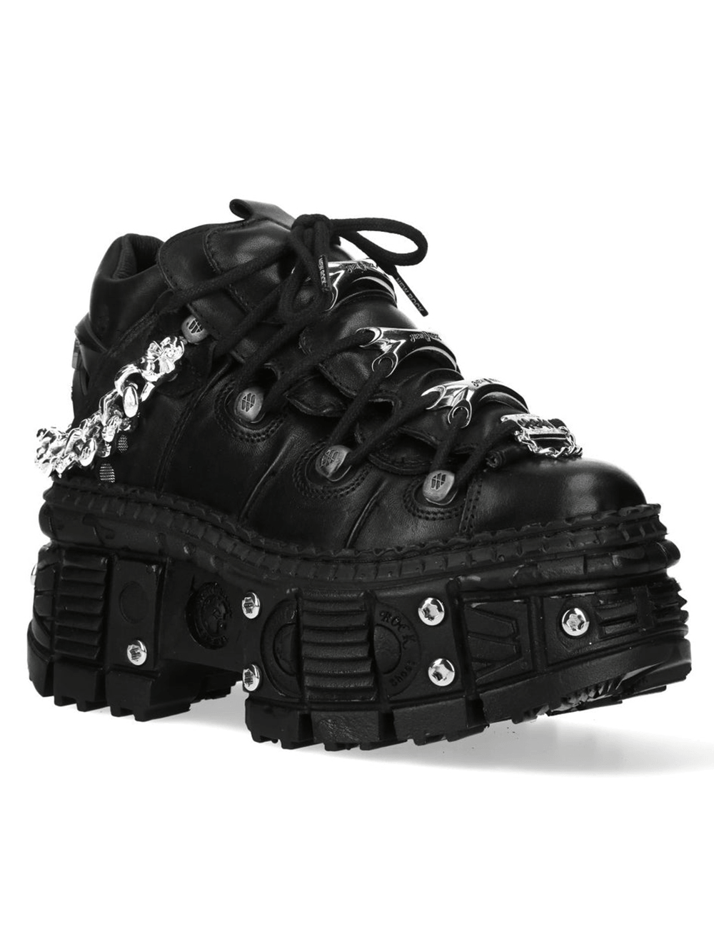 NEW ROCK Women's Punk Shoes with Chains and Bat Wing Details featuring bold design and armored lug tread.