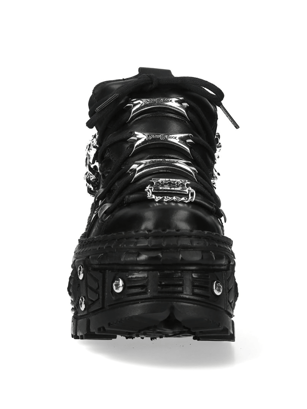NEW ROCK Women's Punk Shoes with Chains and Bat Wing Details - front view showcasing silver accents.