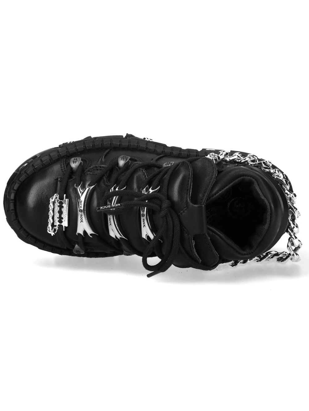 NEW ROCK Women's Punk Shoes with Chains and Bat Wing Details featuring bold lacing and striking silver chain accents.