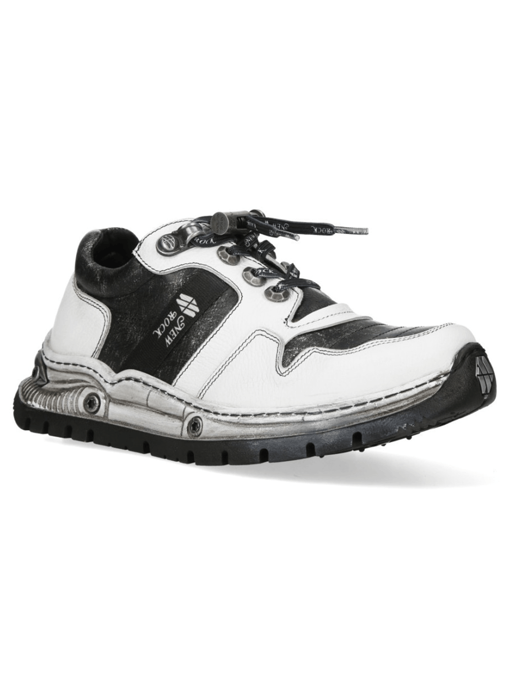 NEW ROCK Women's Punk Shoes with Sculpted Hybrid Sole in white and black with metallic trim and unique lace hardware.