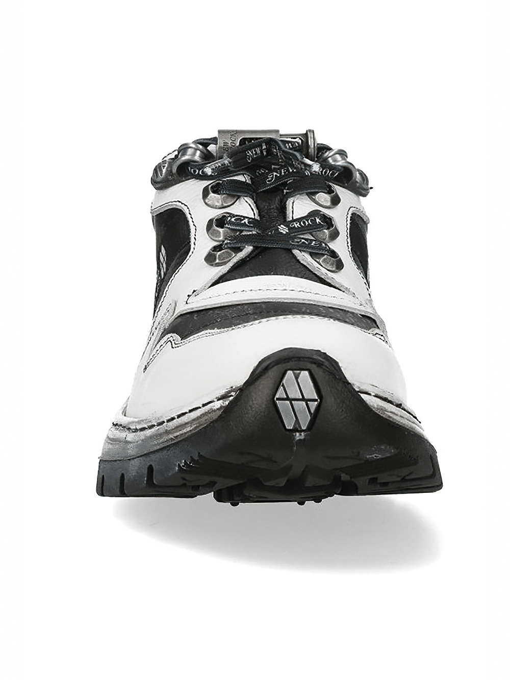 NEW ROCK Women's Punk Shoes with Sculpted Hybrid Sole featuring a distinct black and white design and unique lace hardware.