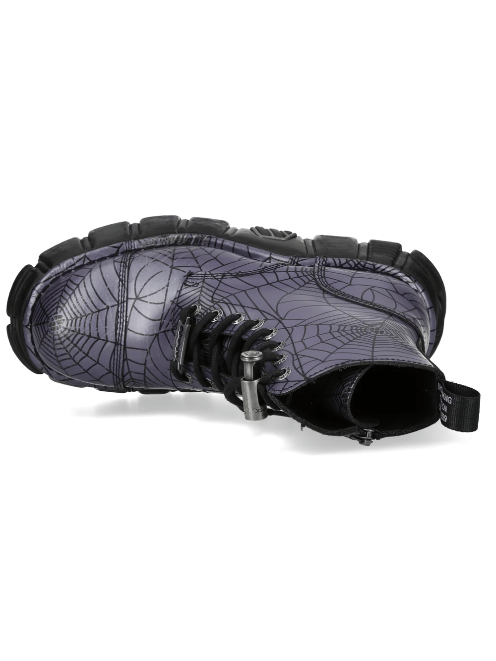 NEW ROCK Women's Purple Ankle Boots with Spiderweb Pattern viewed from above, showcasing chunky sole and lace-up detail.