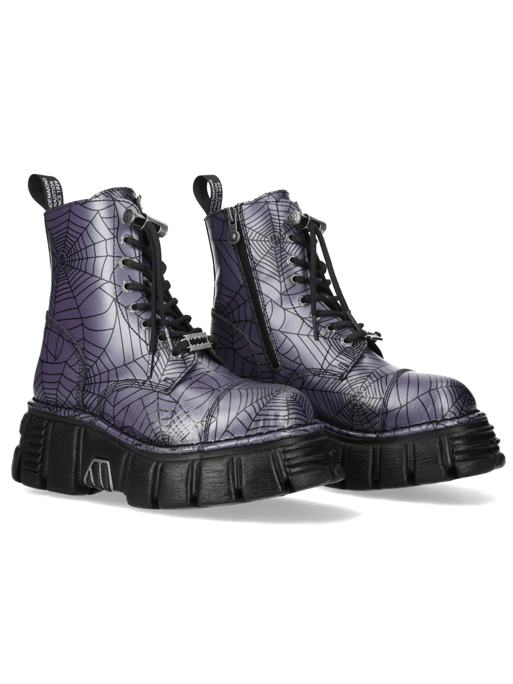 NEW ROCK Women's Purple Ankle Boots with Spiderweb Pattern showcasing the lace-up design and chunky lug sole.