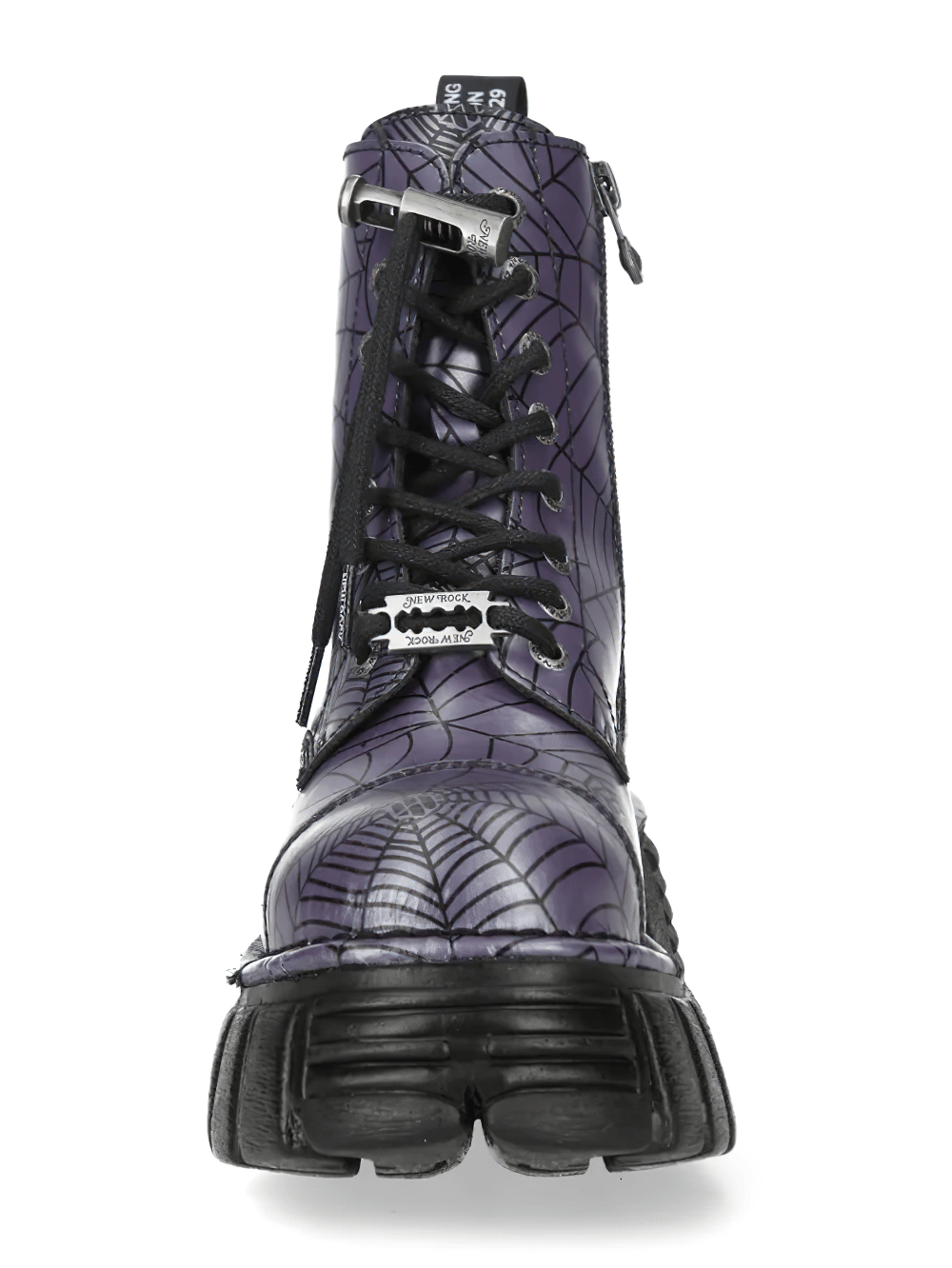 NEW ROCK Women's Purple Ankle Boots with Spiderweb Pattern front view showcasing lace-up and chunky sole details.