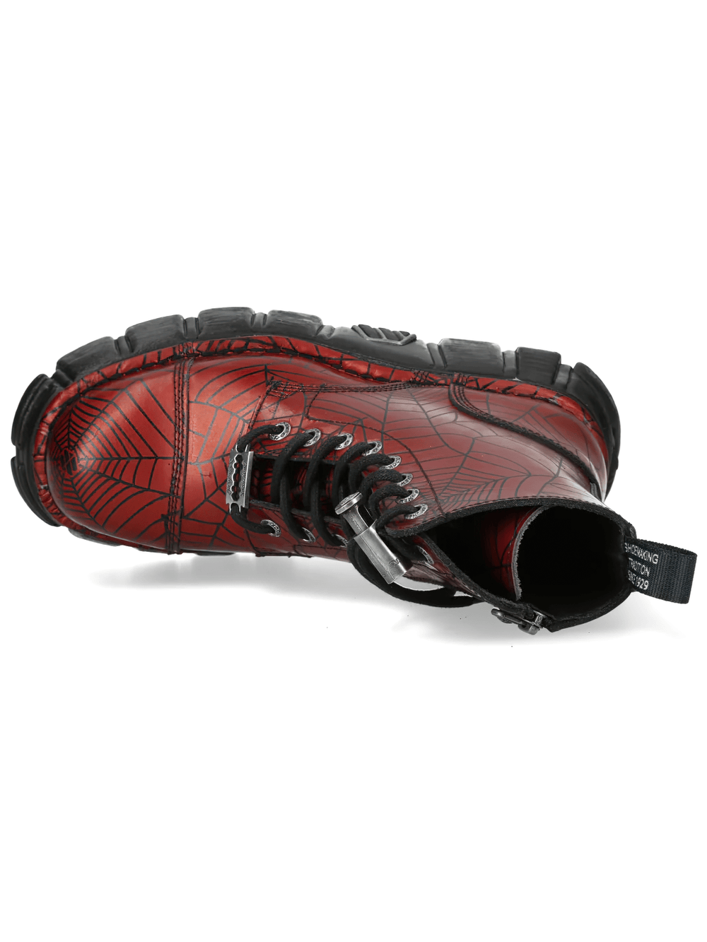 NEW ROCK Women's Red Spiderweb Punk Boots with Side Zip showing upper view and spiderweb design.