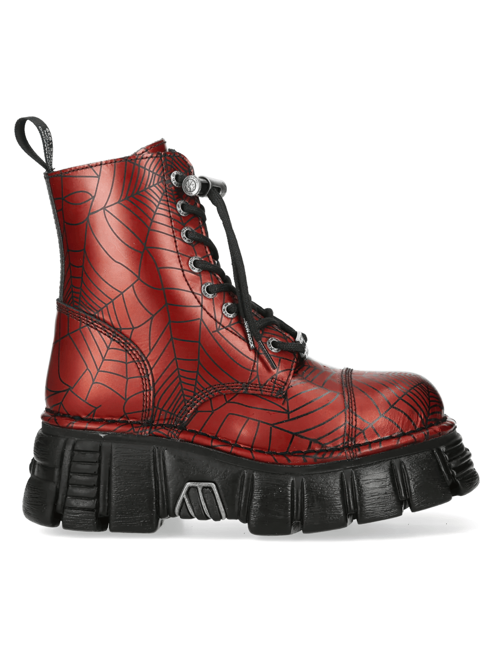 NEW ROCK Women's Red Spiderweb Punk Boots with Side Zip showcasing bold spiderweb print and chunky sole.