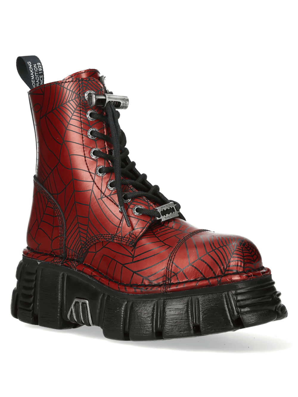 NEW ROCK Women's Red Spiderweb Punk Boots with Side Zip showcasing bold red spiderweb design and chunky sole.