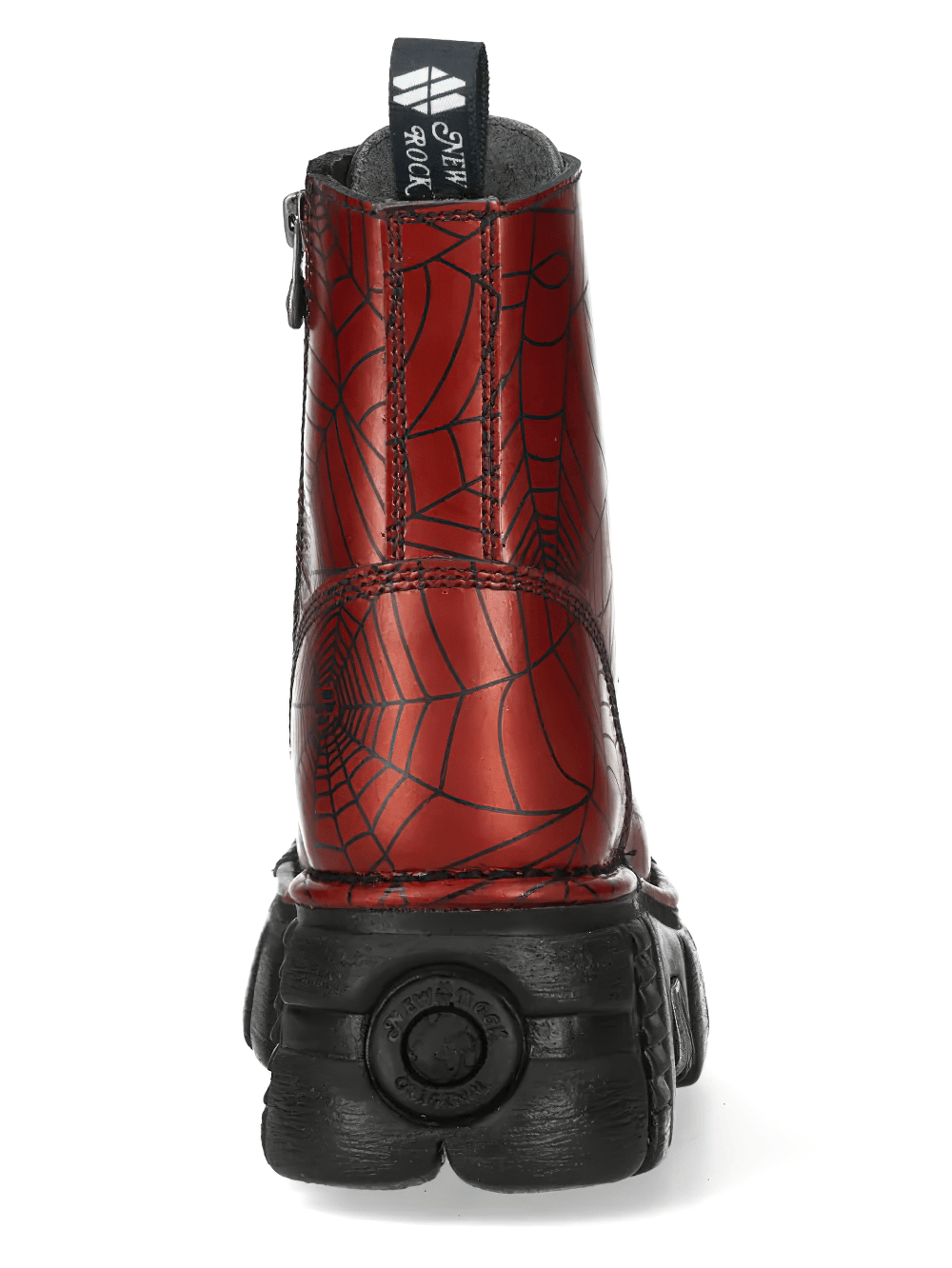 NEW ROCK Women's Red Spiderweb Punk Boots with Side Zip back view showcasing web print and chunky sole.