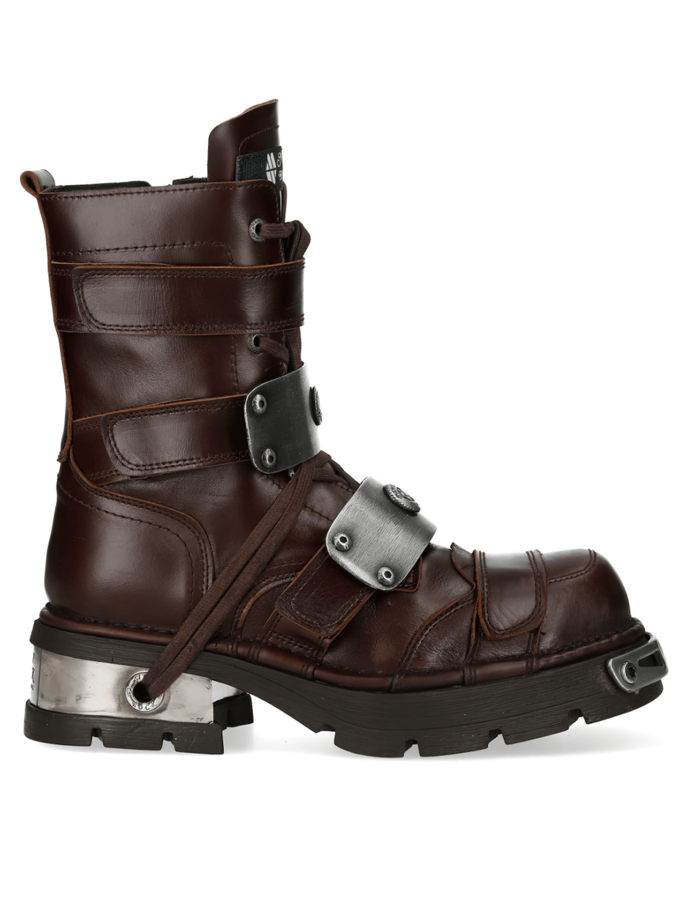 NEW ROCK Women's Rock Boots with Zip Straps and Silver Plates in dark brown leather with metal accents.