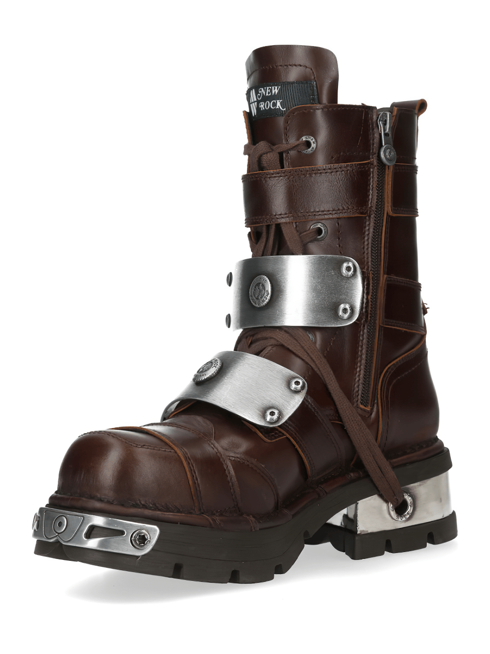 NEW ROCK Women's Rock Boots with Zip Straps and Silver Plates showcasing rugged design, chunky platform, and metal accents.