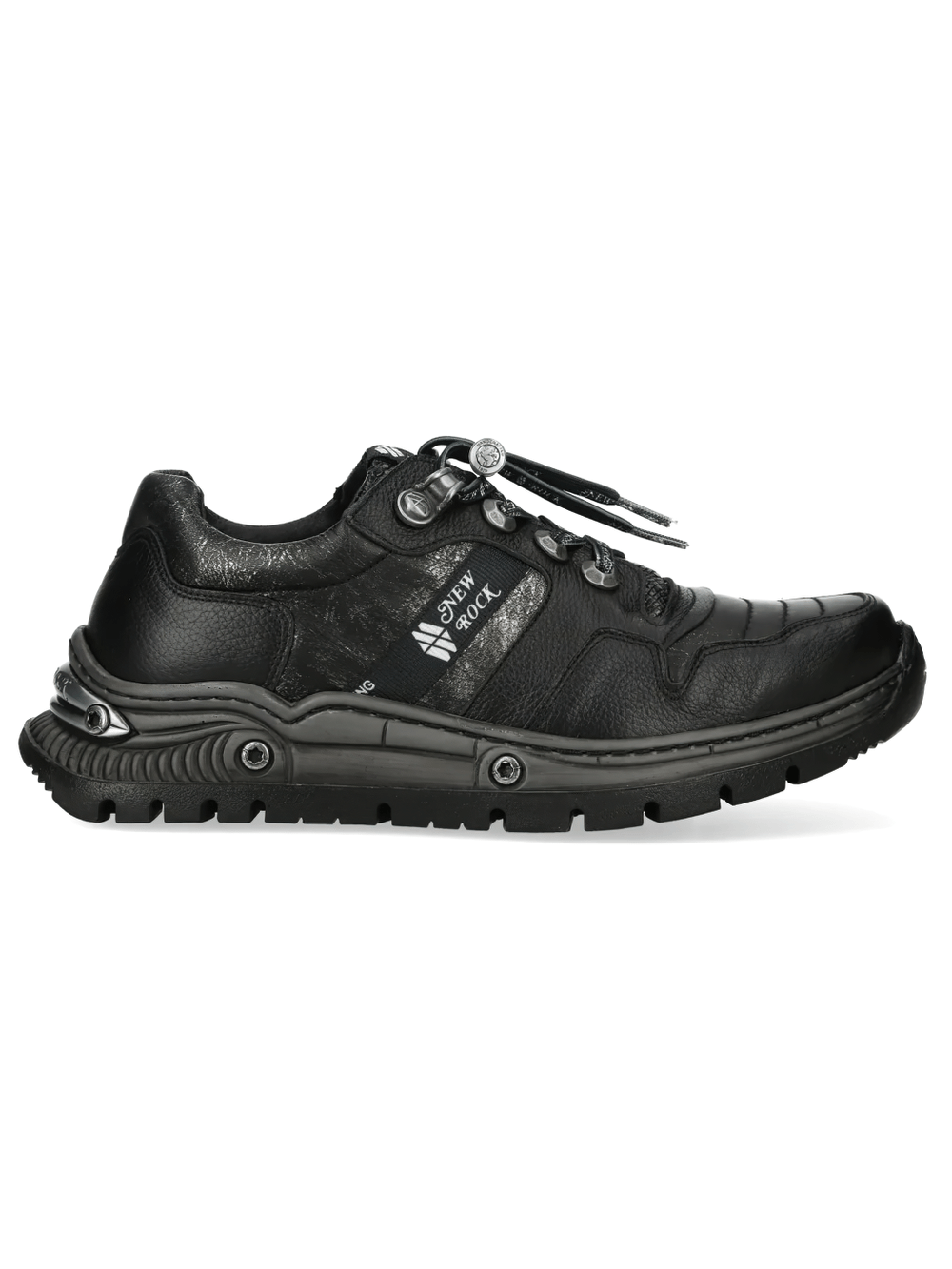 NEW ROCK Women's Rock Low-Top Chunky Tread Lace-Up Shoes in black leather with rugged sole and industrial hardware.