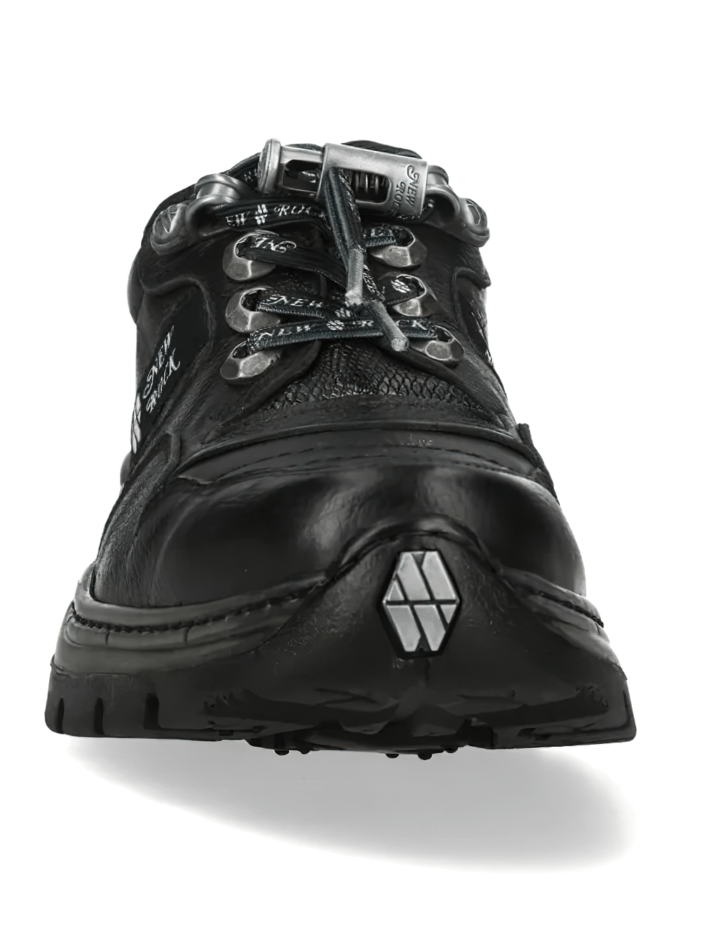 NEW ROCK Women's Rock Low-Top Chunky Tread Lace-Up Shoes, black leather with rugged chunky sole, industrial design details.