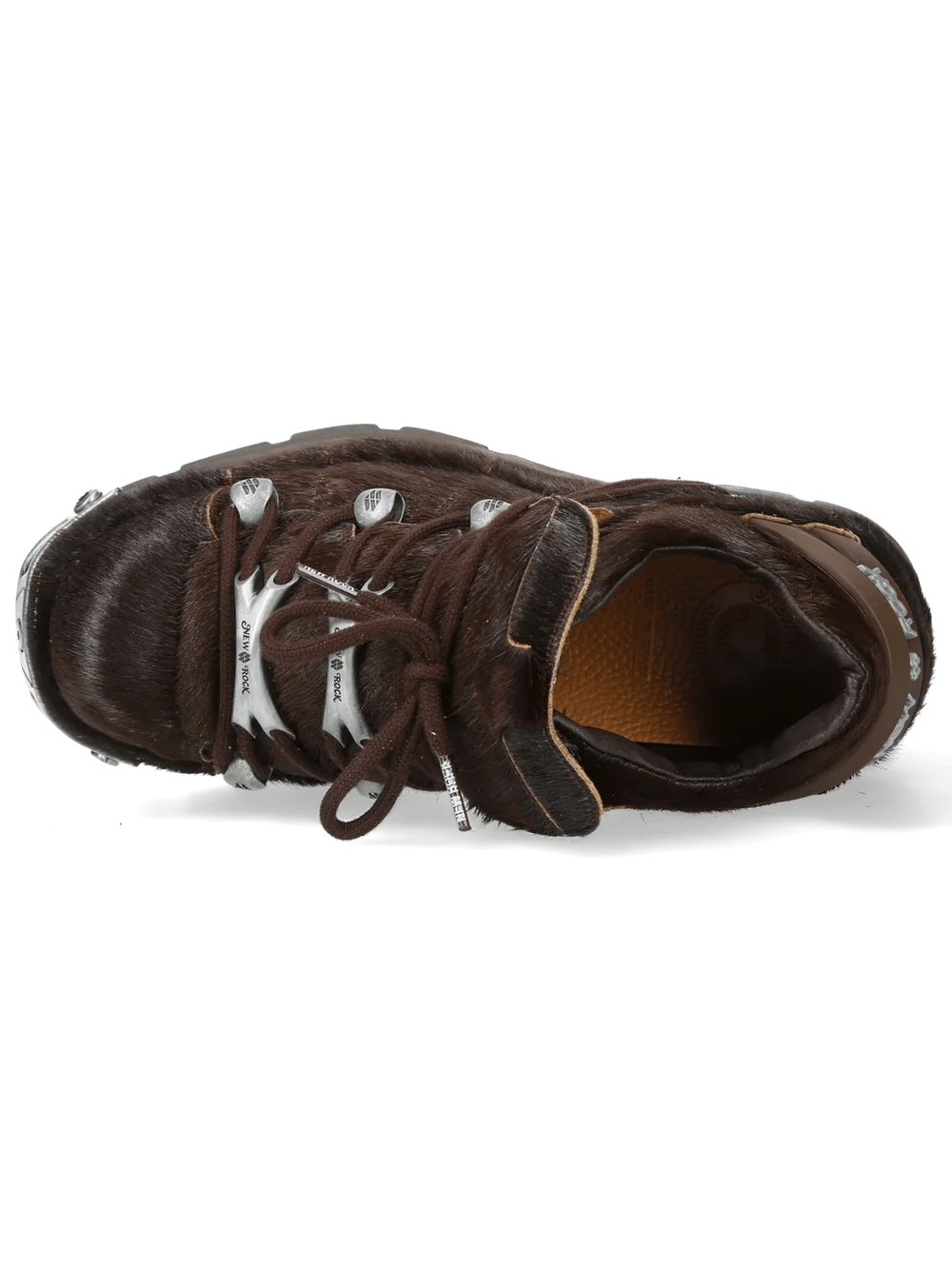 NEW ROCK Women's Rock Shoes with Metal Plates and Lug Sole from above showing dark brown texture and silver accents.