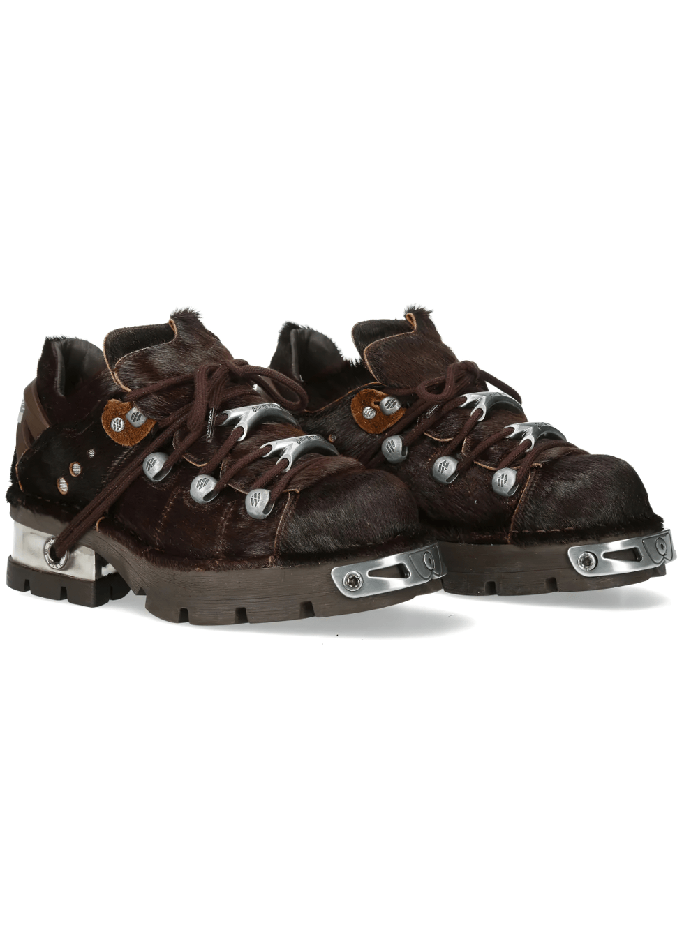 NEW ROCK Women's Rock Shoes with Metal Plates and Lug Sole in dark brown with silver hardware accents.