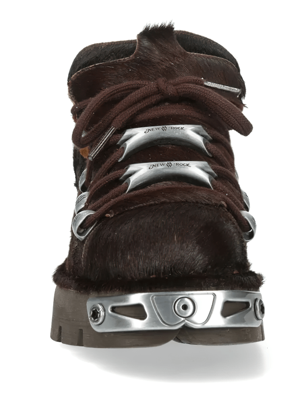 NEW ROCK Women's Rock Shoes with Metal Plates and Lug Sole featuring dark brown and silver hardware accents.