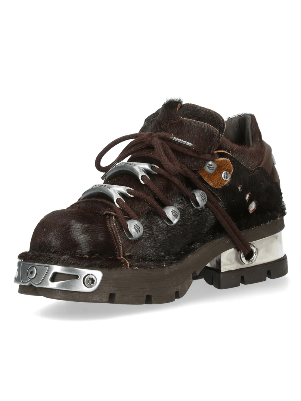 NEW ROCK Women's Rock Shoes with Metal Plates and Lug Sole in dark brown with silver hardware accents.