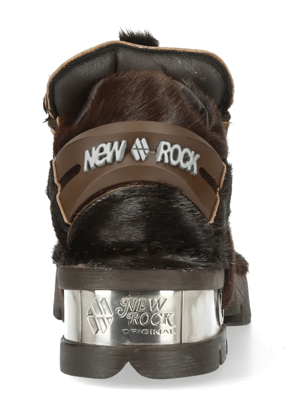 NEW ROCK Women's Rock Shoes with Metal Plates and Lug Sole back view showing dark brown finish and silver hardware