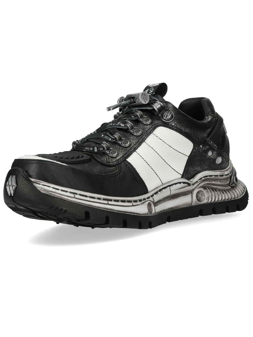 NEW ROCK Women's Rock Shoes with Rugged Industrial Outsoles featuring black and white design and sculpted sole.