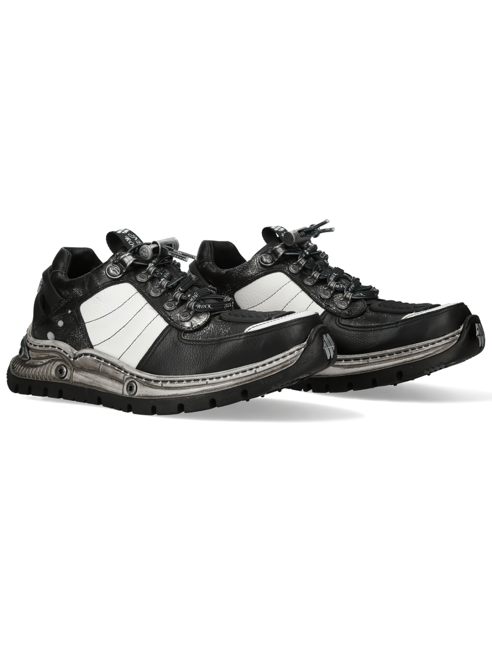 NEW ROCK Women's Rock Shoes with Rugged Industrial Outsoles in black and white with metal hooks and textured overlays.