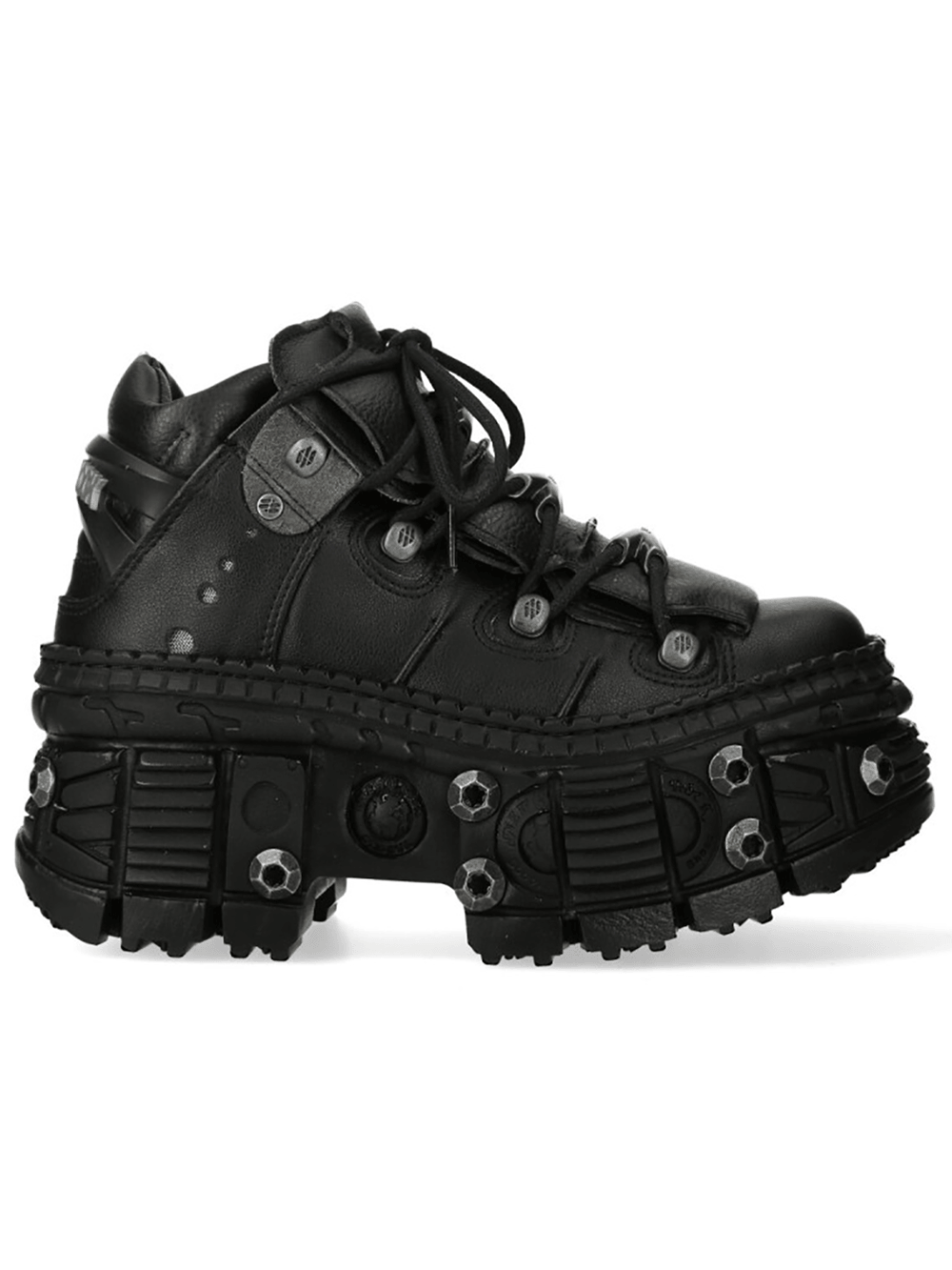 NEW ROCK Women's Shoes with Bold Lugged Sole Profiles featuring chunky black design and bold metal accents.