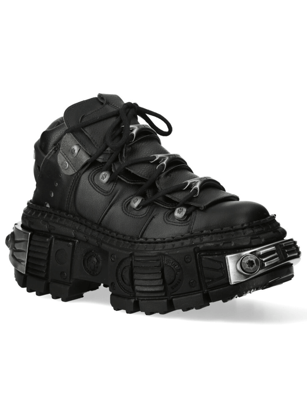 NEW ROCK Women's Shoes with Lace-Up Front and Armored Sole in black with rugged detailing and bold lacing.