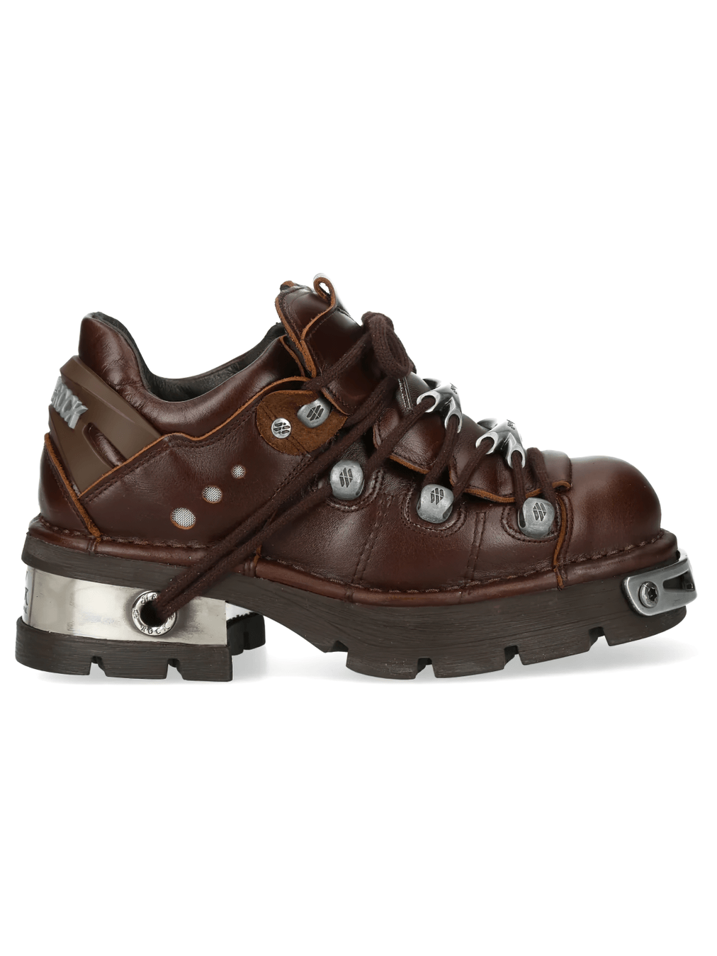 NEW ROCK Women's Shoes with Metal Hardware and Lugged Sole featuring brown leather, silver toe trims, and chunky sole.