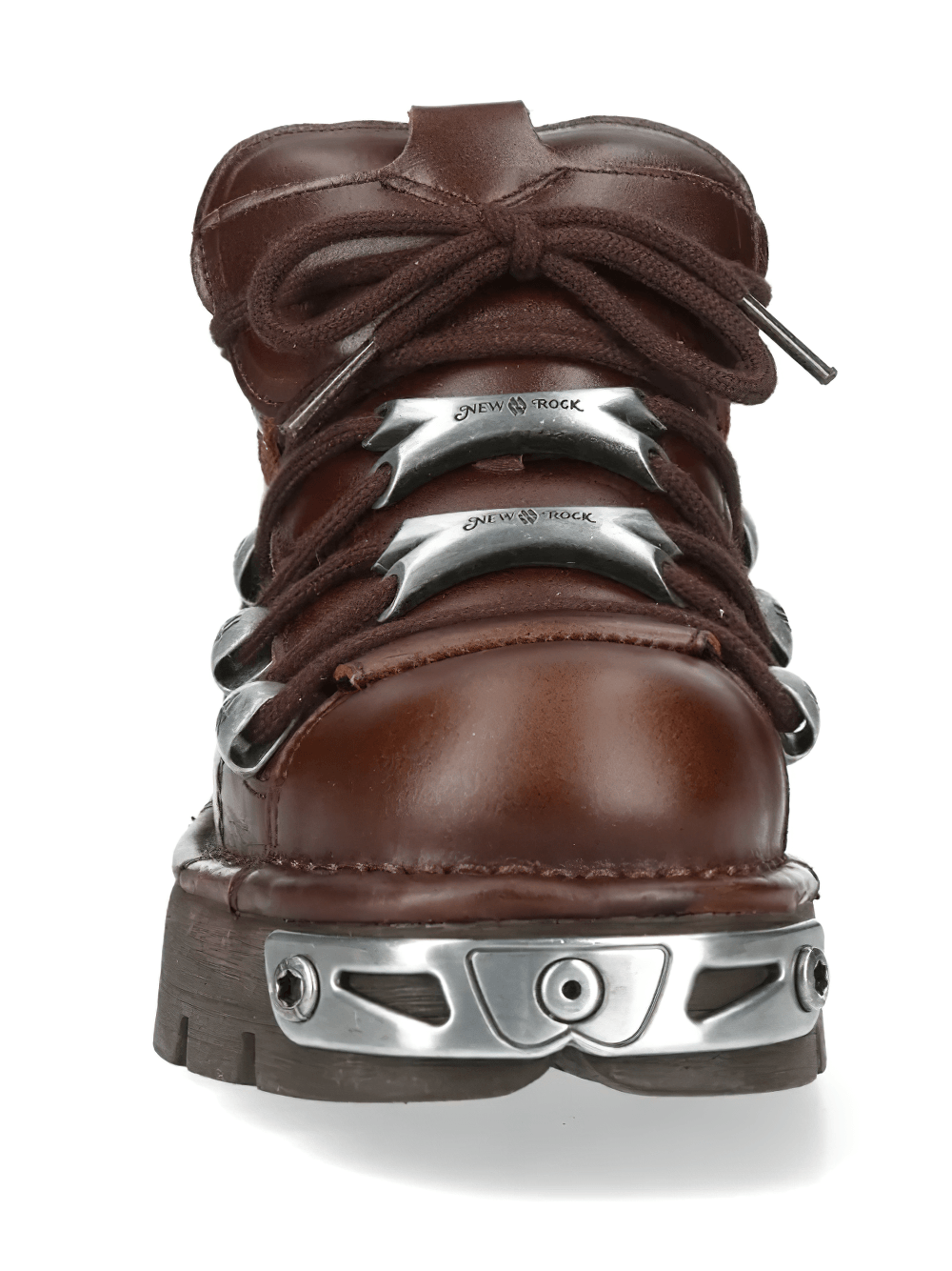 NEW ROCK Women's Shoes with Metal Hardware and Lugged Sole featuring brown leather, silver metal lace plates, and chunky sole.