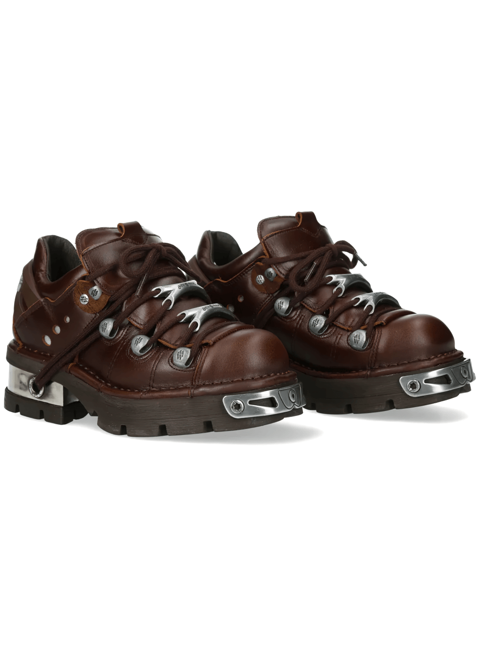 NEW ROCK Women's Shoes with Metal Hardware and Lugged Sole showcasing dark brown finish and silver accents.