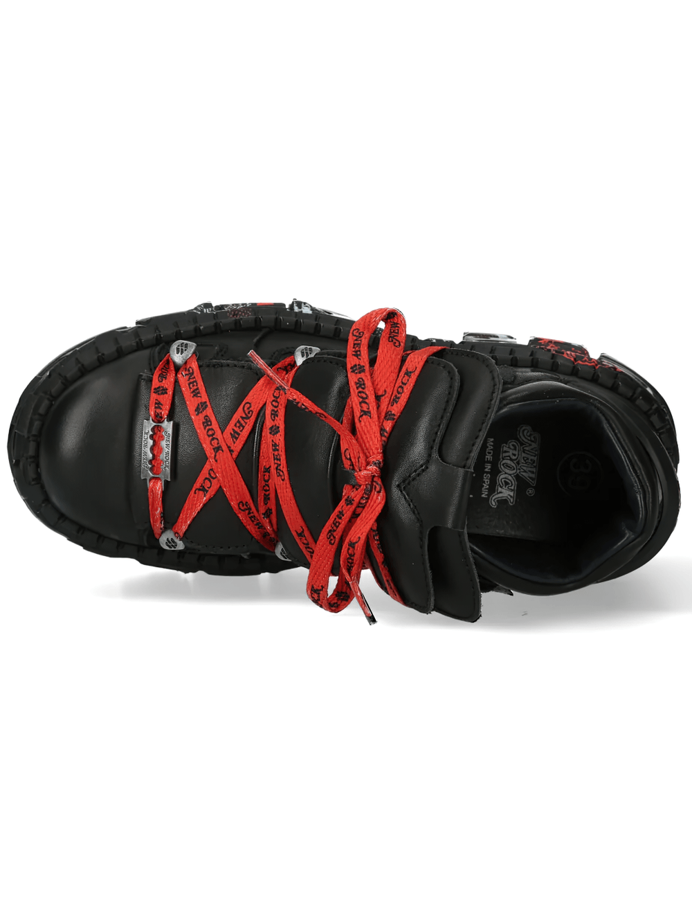 NEW ROCK Women's Shoes with Red Laces and Chunky Treads - Top view of punk platform sneakers with bold red laces.