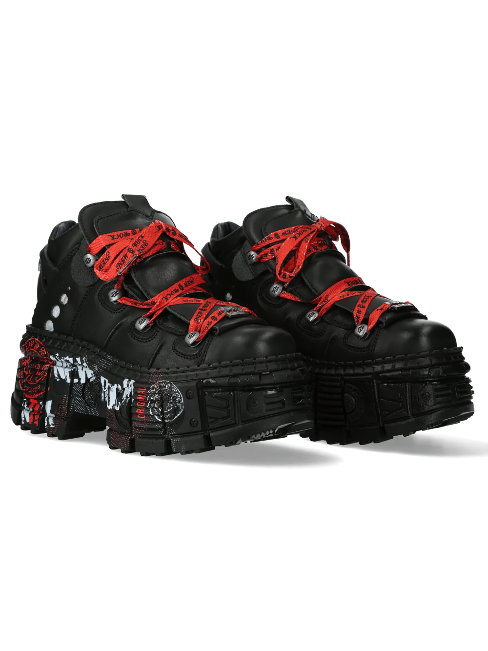 NEW ROCK Women's Shoes with Red Laces and Chunky Treads featuring black leather and oversized graphic lug soles.