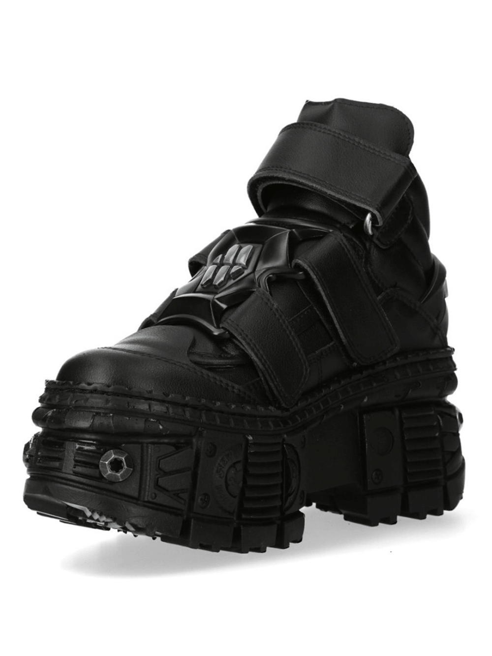 NEW ROCK Women's Shoes with Straps and Metal Lug Sole featuring a chunky black platform and Velcro straps.