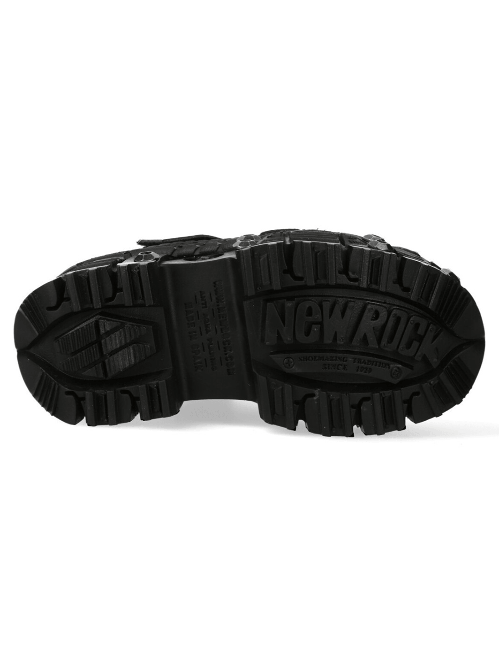 NEW ROCK Women's Shoes with Straps and Metal Lug Sole bottom view showcasing chunky lug sole and stamped branding.