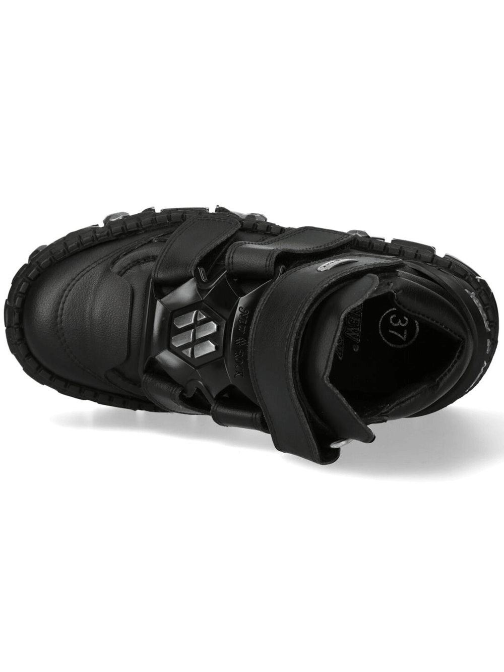 NEW ROCK Women's Shoes with Straps and Metal Lug Sole - top view of black platform sneakers with Velcro straps.
