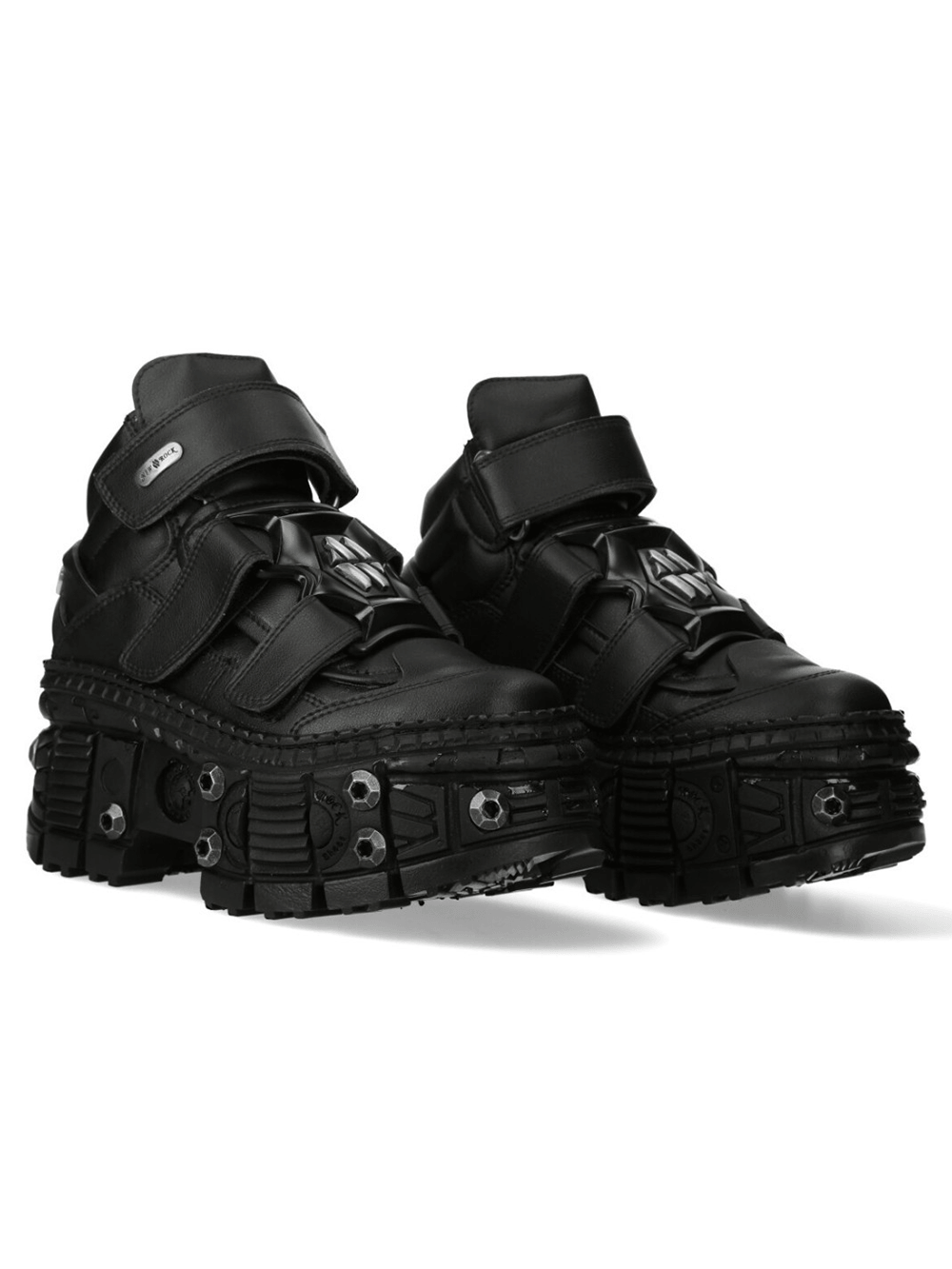 NEW ROCK Women's Shoes with Straps and Metal Lug Sole in black with Velcro and metallic details for a punk look.