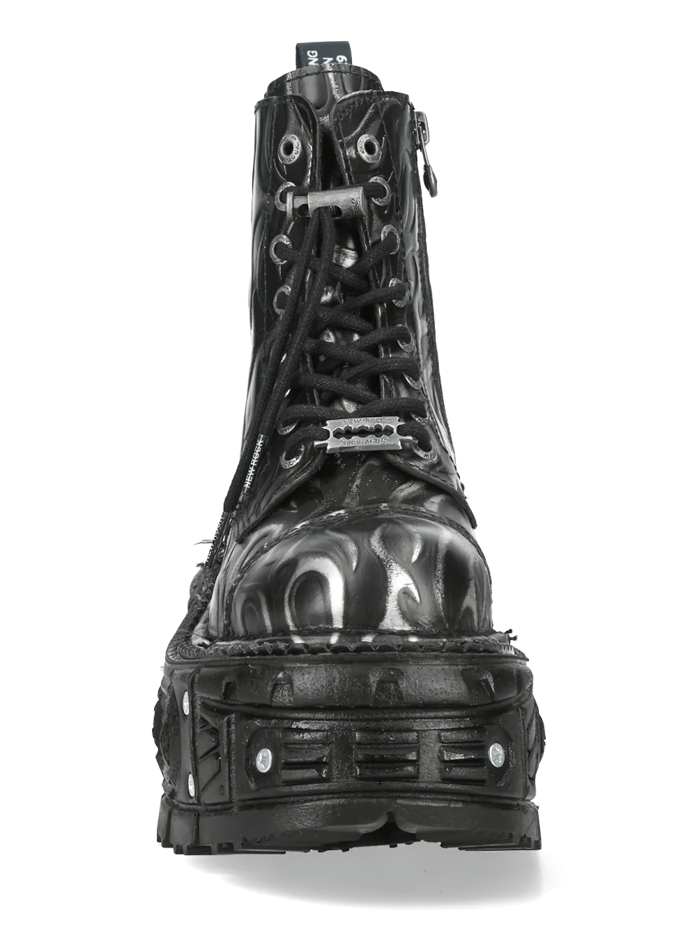 NEW ROCK Women's Silver Flame Gothic Boots with Tread Base featuring a stylish lace-up design and chunky platform sole.