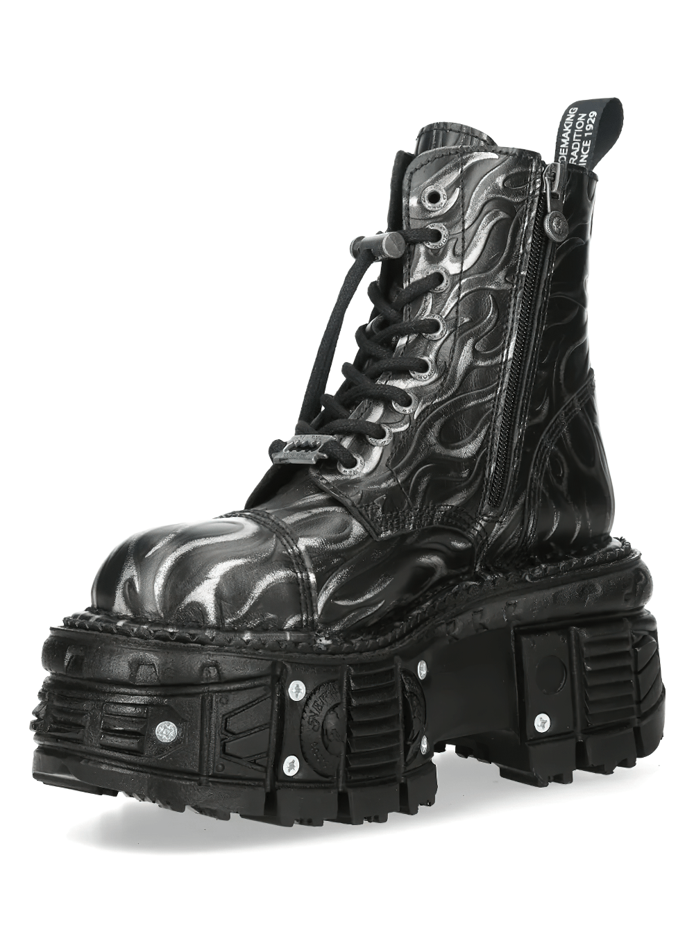 NEW ROCK Women's Silver Flame Gothic Boots with Tread Base in black with silver flame embossing and chunky platform.