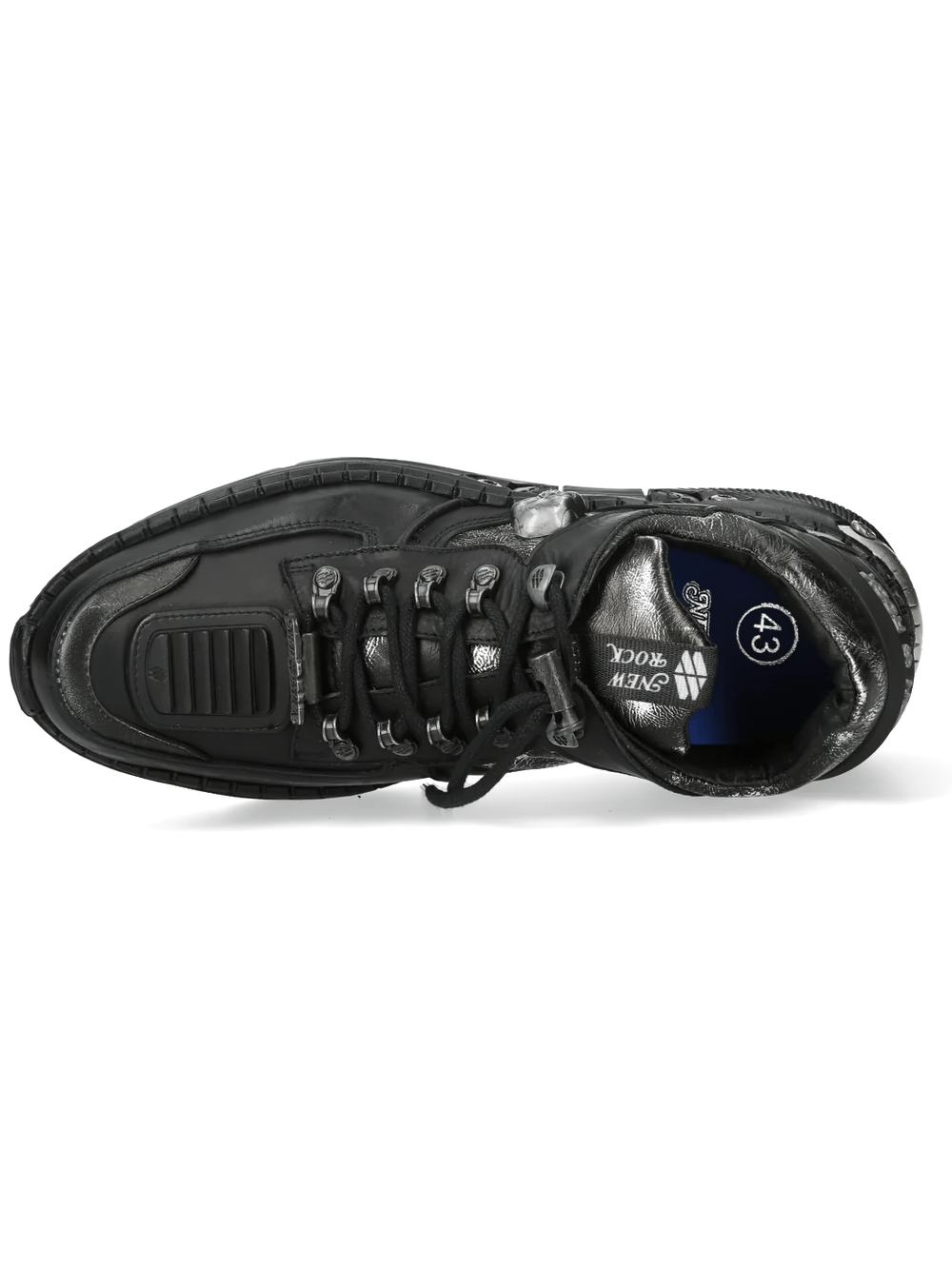 NEW ROCK Women's Skull Sneakers with Chunky Treaded Sole top view, showcasing the black leather and metallic details.