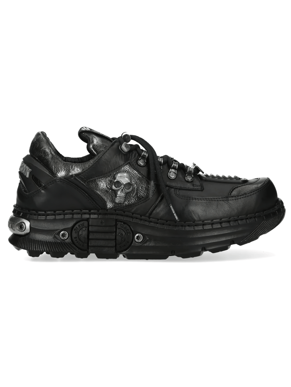 NEW ROCK Women's Skull Sneakers with Chunky Treaded Sole in black, featuring a skull emblem and metallic panels.